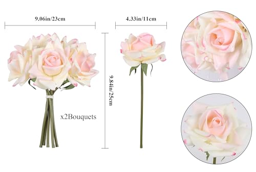 IPOPU Fake Roses,2 Bouquets 10PCS Real Touch Roses Artificial Flowers Faux Roses with Stems for Wedding Party Home Table Centerpieces Decoration(Pink Edge) - color: Pink Edge