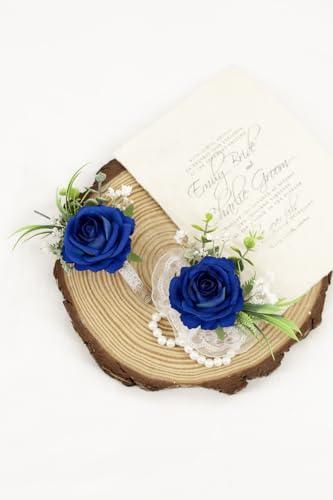 Ansofi Royal Blue Corsage and Boutonniere Set Artificial Rose Flower Wrist Corsage and Boutineers for Groom Groomsmen Bride Bridesmaids Prom Rustic Vintage Wedding Decor - color: Royal Blue