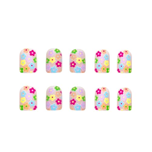 Flower Press on Nails Short Square Fake Nails Nude False Nails with Cute Colorful Flowers Designs Full Cover Stick on Nails Glue on Nails Nails Acrylic Nails for Women Girls 24 Pcs - color: Flower Square36
