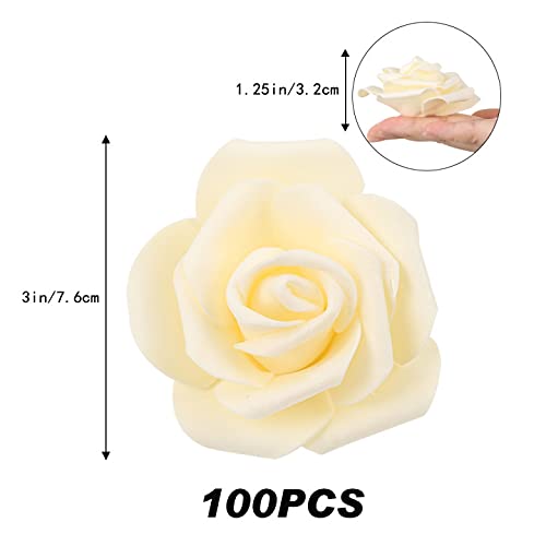IPOPU Artificial Rose Flower Heads, 100 Pcs Real Looking Creamy Yellow Foam Fake Roses for DIY Wedding Baby Shower Centerpieces Arrangements Party Tables Home Decorations (Cream Yellow, Stemless) - color: 100pcs Cream Yellow