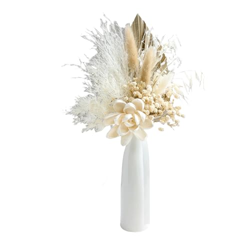 xin's convey Dried Flowers Bouquet with Vase,Dried Pampas Grass Bouquet, Dried Flowers for Boho Home Decor,Farmhouse Decor, Wedding Party Table Centrepieces. (White) - color: White