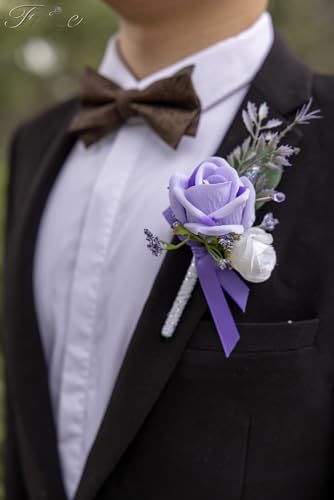 Fnize Purple Boutonniere for Men, 6 Pcs Groom Groomsmen Boutonnieres, Artificial Flowers for Wedding Prom Homecoming - color: Purple