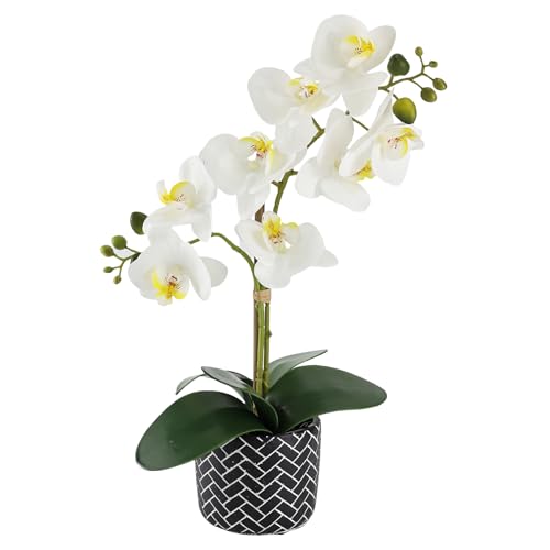 Orchid Artificial Flowers 16" White Fake Orchid Flowers in Black Ceramic Pot for Home Decor Office Bathroom Table Centerpiece Indoor (White#3) - color: White-black Patterned