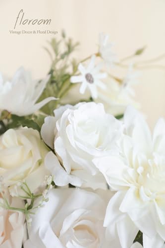 Floroom Ivory White Artificial Flowers Fake Roses Peonies Dahlia and Greenery Combo Box Set for DIY Wedding Bouquets Bridal Shower Centerpieces Floral Arrangements Party Tables Home Decorations - color: Camille Ivory & White