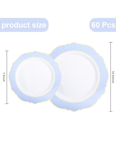 WDF 60pcs Blue Plates Disposable With Gold Rim - Baroque Baby Blue Plastic Party Plates for Wedding/Party/Baby Shower/Spring - color: Blue and Gold, size: 60PCS