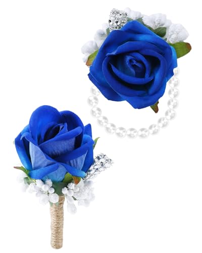 eZAKKA Wristlet Corsage and Boutonniere Set, Blue Corsage for Men, Flower Rose Wrist Corsage Bracelets Decorations for Wedding Party Prom Suit - color: blue