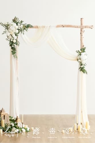 Ling's moment Artificial Wedding Arch Flowers Kit Pack of 4, 2pcs Hanging Silk Flowers Arrangement 2pcs Chiffon Drapes Ceremony Spring Fake Rose Arbor Backdrop White Sage Floral Party Outdoor Decor - color: Wht-white & Sage
