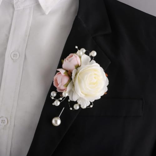 Wrist Corsage and Boutonniere Set for Groom Groomsmen Men Suit Bride Bridesmaid Artificial Flower Wrist Corsage for Wedding Prom Homecoming Party Ivory and Pink - color: 1 Boutonniere & 1 Corsage (Ivory & Pink)