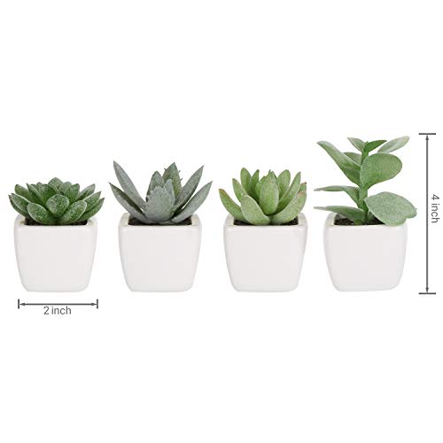 MyGift Set of 4 Mini Assorted Green Decorative Artificial Succulent Plants in Square White Glazed Ceramic Planter Pots - color: Assortment #3