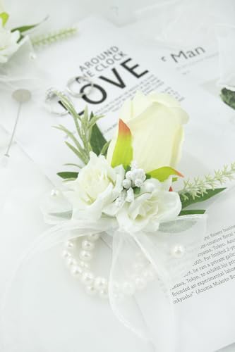 White Corsage and Boutonniere Set for Wedding Prom, Artificial Rose Flower Homecoming Corsage Wristlet, Boutonniere for Men Wedding Suit Decor - color: White