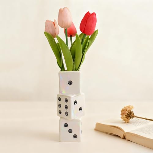 MOUGIGI Ceramic Dice Vase - Unique Decor for Dried Flowers, Rose, Pampas Grass - Stunning Design for Any Modern Space for Inspiring Smiles - color: White Dice Vase