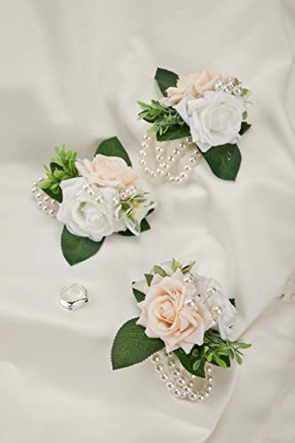 White & Champagne Silk Wrist Corsages Set 6Pcs for Women Wedding | Faux Artificial Flowers With Pearl Wrist, Ideal for Prom Party Homecoming Ceremony Anniversary - color: White&champagne Rose