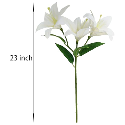 White Lilies Artificial Flowers,6 Pcs Faux Lily Flowers,23 Inch Long Stem Tiger Lily Branch with 3 Full Blooms and 4 Leaves, Latex Real Touch Lilium Flower for Wedding Bouquet - color: White