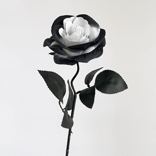 10 Bundles Black White Artificial Rose Flower,No Fade Roses,Single Stem Fake Silk Flowers Realistic Blossom Flora,for DIY Home~Halloween Decoration