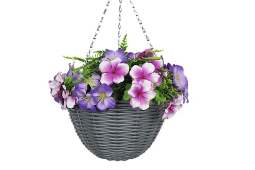 KIHO Artificial Hanging Flower Plant with Basket for Spring Summer Outdoor Decoration, Low-Maintenence Beautiful Petunia Flowers with Eucalyptus Leaves Perfect for Home (Pink and Purple) - color: Pink and Purple