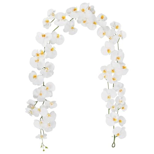 7.38ft White Orchid Garland Real Touch Latex Orchid Vine Hanging Artificial Orchids for Home Party Wedding Room Birthday Christmas Wall Arch Decor(White) - color: White