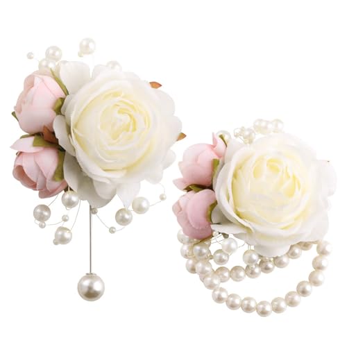 Wrist Corsage and Boutonniere Set for Groom Groomsmen Men Suit Bride Bridesmaid Artificial Flower Wrist Corsage for Wedding Prom Homecoming Party Ivory and Pink - color: 1 Boutonniere & 1 Corsage (Ivory & Pink)