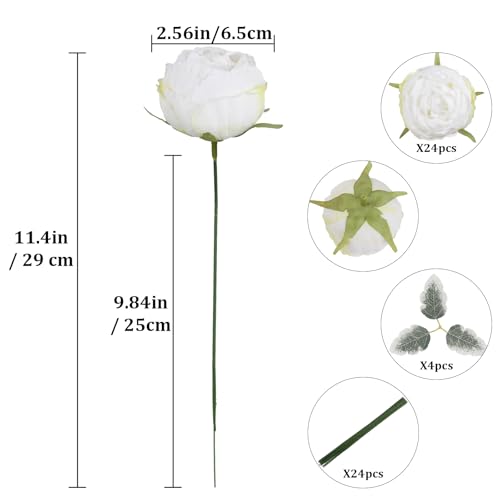 White Silk Peonies Artificial Flowers 24PCS Fake Flower Heads Bulk 2.56" Faux Roses with Stems for Wedding DIY Bouquets Cake Party Home Decoration (White) - color: White