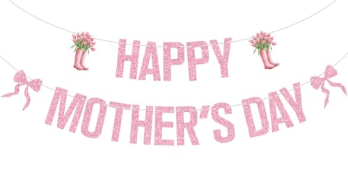 Pink Glitter Happy Mother's Day Banner, Feliz Dia Mama/Best Mom Ever, Bowties Tulip Bouquet Mother's Day Mother's Birthday Party Decorations Supplies