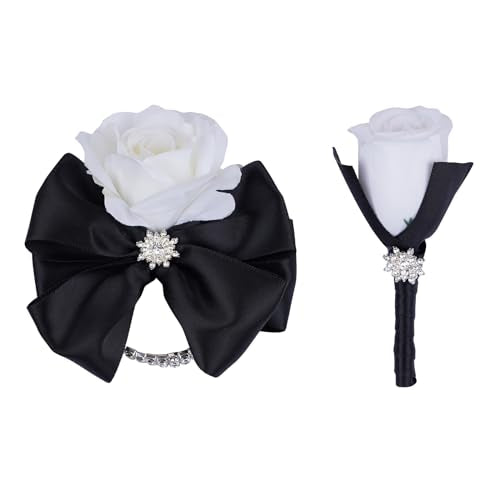 Weslymoo Black Corsage and Boutonniere Set, Prom Artificial Flower Wrist Corsage Bracelets, Homecoming Corsage Wristlet, Boutonniere for Men Wedding Flowers Accessories Prom Suit Decorations