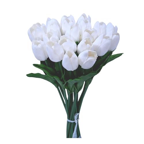 20PCS Artificial Tulip Flowers - 13.5" Real Touch Fake PU Tulips Bouquet Faux Spring Flowers (White) - color: White