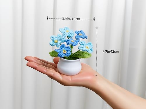 Crochet Flowers Cute Handmade Knitted Potted Gradient Blue Forget Me Not Flower Gifts for Women Teacher Coworkers Thank You Appreciation Gift, Decor for Home Room Dorm Office Desk Accessories - color: Gradient Blue