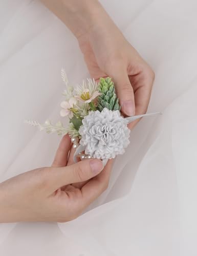Alizeal 2Pcs of Wrist Corsage and Boutonniere Set, Artificial Flowers Accessories Suit Decor for Wedding Prom Party Homecoming Ceremony, Blue Gray - color: Blue Gray