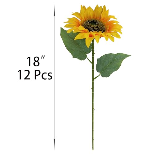 ATFL 12PCS Yellow Sunflowers Artificial Flowers, 18''Fake Silk Sunflower with Long Stem, Flower Diameter 5.1'',Artificial Sunflowers for Fall Home Decor, Baby Shower,and Cemetery Flowers Decor - size: 18"
