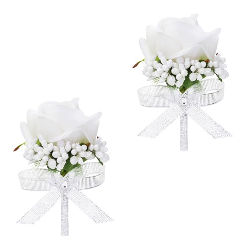 White Rose Boutonniere for Men, Set of 2, Groom and Best Man Artificial Boutonnieres, for Wedding Anniversary Ceremony Dinner Prom Party Flower Decorations - color: 2 Boutonnieres White