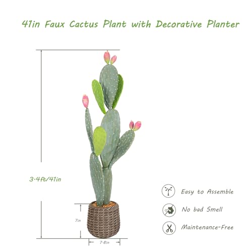 Nafresh UV-Resistant Tall Faux Cactus in Brown Woven Planter,41" Fake Plant with Realistic Pads & Vibrant Fruits,Artificial Cactus Indoor Outdoor for Home Office Living Room Bedroom Foyer Porch Decor - size: 41in