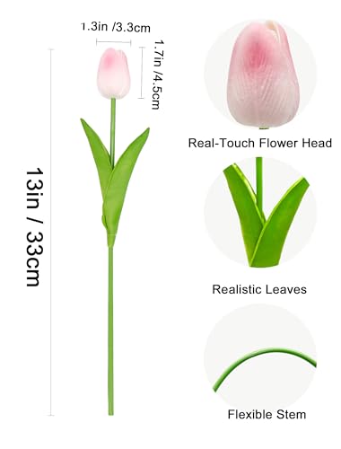 36 Pcs Tulips Artificial Flowers, 13 Inches Real Touch PU Fake Tulips for Wedding Bouquets, Home Decor - color: Light Pink