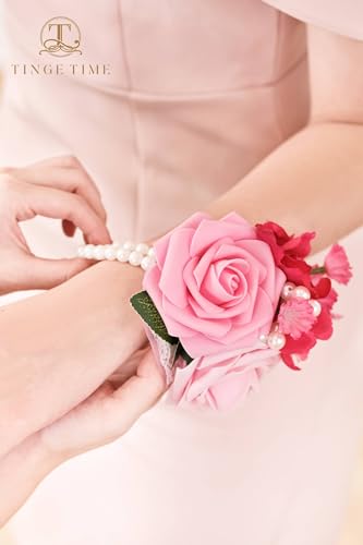 TINGE TIME Set of 2 Wrist Corsage (HotPink) - color: Hotpink