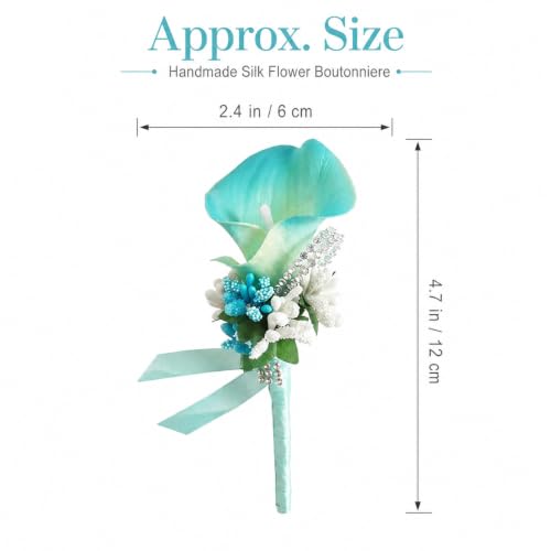 ChezMax Calla Lily Blue Boutonniere Handmade Silk Flower with Ribbon Corsage for Bride Groom Wedding Party 6 Packs - color: B-blue Boutonniere-6 Pcs