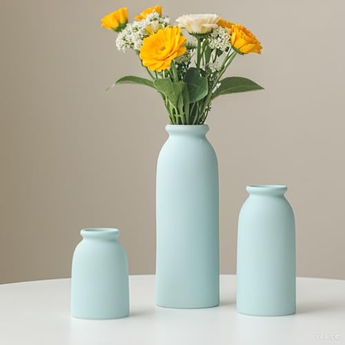 Ceramic Vase Set-3, Small Flower Vases for Decor, Modern Boho Farmhouse Style, Decorative Vases for Pampas Grass & Dried Flowers, Distressed Finish (Blue) - color: Blue