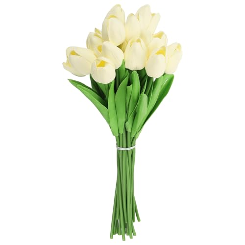 uxcell 20pcs Tulips Artificial Flowers, Faux Flowers Silk Fake Tulip Stems Real Touch for Wedding Bouquet Centerpiece Table Party Decoration(Cream White) - color: Cream White