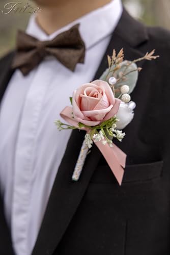 Fnize Pink Boutonniere for Men, 6 Pcs Groom Groomsmen Boutonnieres, Artificial Flowers for Wedding Prom Homecoming - color: Pink