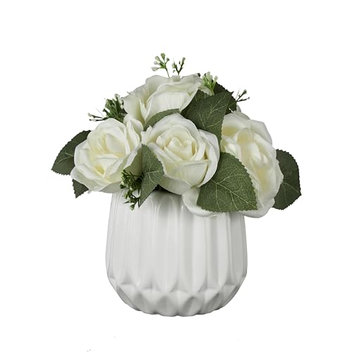 Deco 79 Fabric Artificial Flower with Green Leaves and Round Ceramic Vase, 8" x 8" x 9", White - color: White, size: 8" x 8" x 9"
