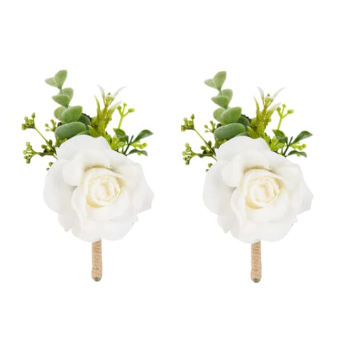 Ivory White Rose Boutonnieres for Men Wedding, Set of 2, Artificial Corsage for Prom, Groom and Groomsmen Boutonniere for Ceremony, Formal Dinner Party, Fall Rustic Wedding, Homecoming - color: 2 Boutonnieres White
