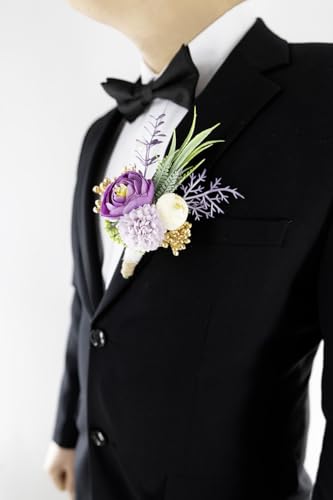 Ansofi Lilac Purple Corsage and Boutonniere Set Artificial Rose Flower Wrist Corsage and Boutineers for Groom Groomsmen Bride Bridesmaids Prom Rustic Vintage Wedding Decor - color: Lilac Purple
