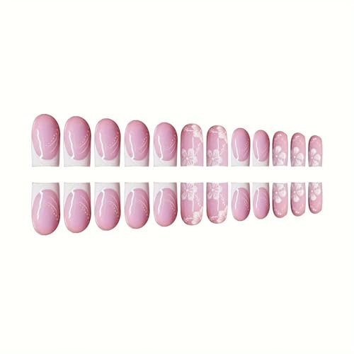 Flower MIXFOSAHN Press on Nails Medium Square Fake Nails Nude White False Nails with Elegant Designs Flowers Glossy Full Cover Stick on Nails Glue on Nails Spring Acrylic Nails for Women Girls 24 Pcs - color: Flower Square11