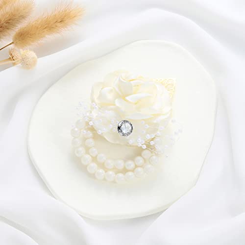 Wedding Bride Rose Wrist Corsage White Bridesmaids Silk Wrist Flower Flowergirl Hand Floral Decor Bridal Prom Party Accessories for Women and Girls (White) - color: White