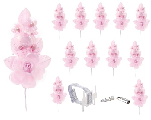 Set of 12 Artificial Silk Organza Craft Rose Flower, 12 Corsage Wristlet, 12 Pin Back DIY Boutonnieres for Wedding, Bridesmaids, Groomsmen, Quinceanera, Prom, Sweet 16 (Pink) - color: Pink