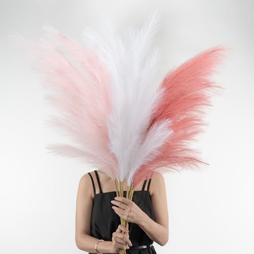 Pampas Grass Decor Tall, 43"/110cm Faux Pampas Grass 6 Stems Large Pompass Grass Branches Tall Bulk Boho Flower Arrangement for Home Room Wedding Party Decor - color: Blush&cream&pink
