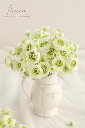 Floroom Ranunculus Artificial Flowers 18 Pcs Green Faux Silk Mini Ranunculus Bulk Fake Wedding Filler Flowers for DIY Bouquets, Centerpieces, Bridal Shower Decorations & Arrangements - color: Green