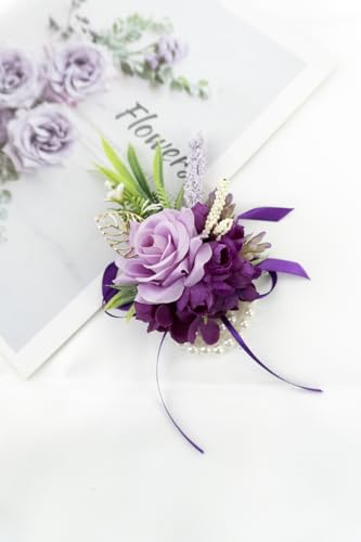 2 Pcs Wrist Corsage and Boutonniere Set, Deep Purple Corsage for Wedding, Boutonniere for Men Artificial Rose Flower Wristlet Bracelet Prom Ceremony Anniversary Accessories Decor Suit - color: Deep Purple