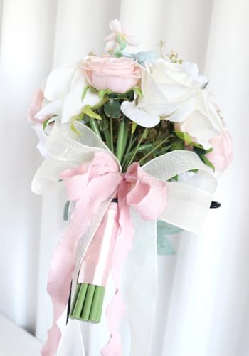9.5 Inch Cascading Wedding Bouquet for Bride Cascade Artificial Rose Flower Bride Bridal Bouquet Rustic Boho Wedding Ceremony Anniversary Bridal Shower Light Pink - color: Light Pink