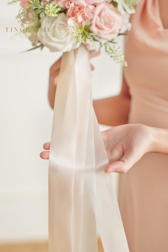 TINGE TIME CoralPink Bridesmaid Bouquets Set of 4 7 Inch Wedding Bouquets Artificial Silk Flowers Bridal Bouquets for Bridesmaids, Wedding Decor, Anniversary, Party - color: Coralpink&white
