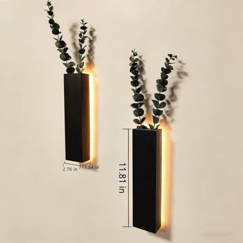 Artificial Eucalyptus with LED Lights Wall Planters Rustic Wall Decor with Lights Fake Vines for Home Decor Bedroom Living Room Bathroom Hanging Vase for Dried Flowers Faux Plants (Black)