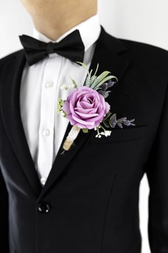 Ansofi Purple Corsage and Boutonniere Set Artificial Rose Flower Wrist Corsage and Boutineers for Groom Groomsmen Bride Bridesmaids Prom Rustic Vintage Wedding Decor - color: Purple