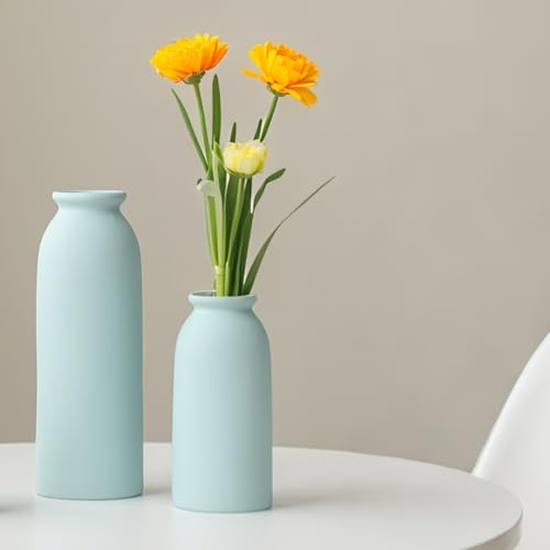 Ceramic Vase Set-3, Small Flower Vases for Decor, Modern Boho Farmhouse Style, Decorative Vases for Pampas Grass & Dried Flowers, Distressed Finish (Blue) - color: Blue